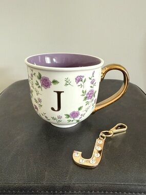 Petal & Pearl Floral Monogram Ceramic Mug w/Gold Handle - Lavender Interior
